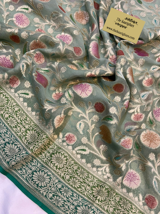 Greyish Green Khaddi Georgette Banarasi Handloom Saree - Handfilled Meenakari
