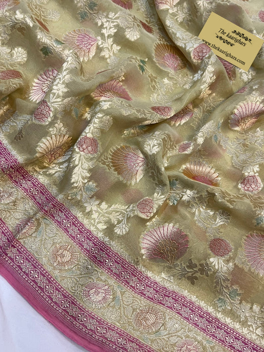 Dust Khaddi Georgette Banarasi Handloom Saree - Handfilled Meenakari