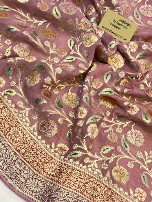 Copper Rose Pure Khaddi Georgette Banarasi Handloom Saree - Handfilled Meenakari