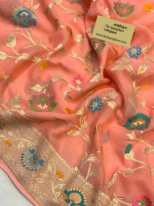 Dirty Peach Khaddi Georgette Banarasi Handloom Saree - Meenakari