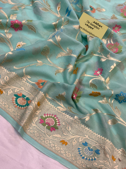 Shadow Green Khaddi Georgette Banarasi Handloom Saree - Meenakari