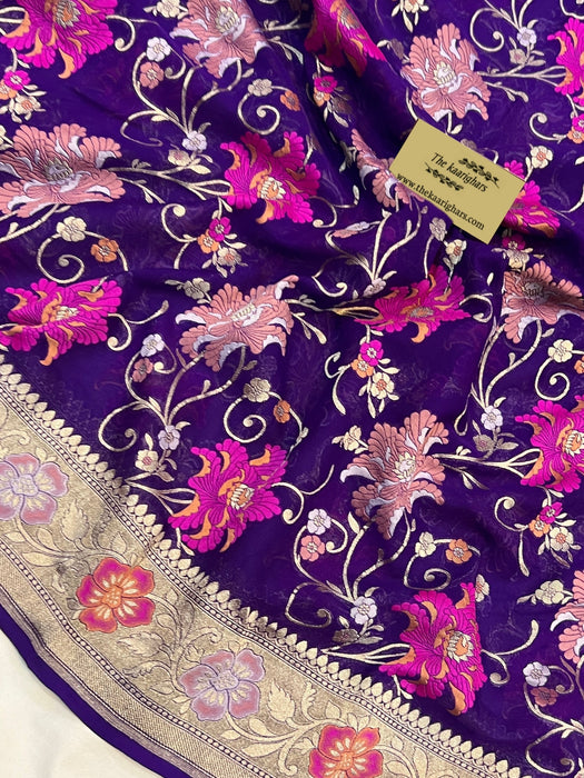 Purple Khaddi Georgette Banarasi Handloom Saree - Meenakari