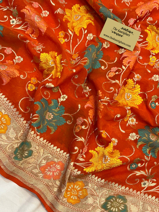 Red Khaddi Georgette Banarasi Handloom Saree - Meenakari