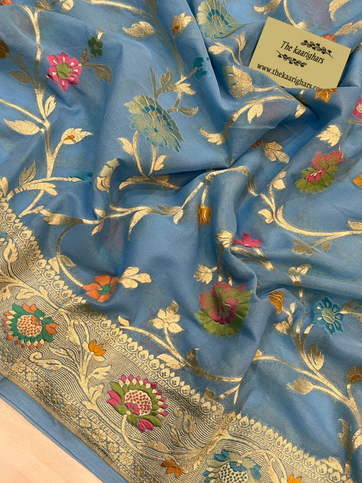 Steel Blue Khaddi Georgette Banarasi Handloom Saree - Meenakari