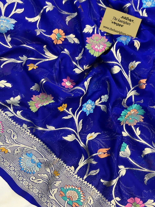 Spanish Blue Khaddi Georgette Banarasi Handloom Saree - Meenakari