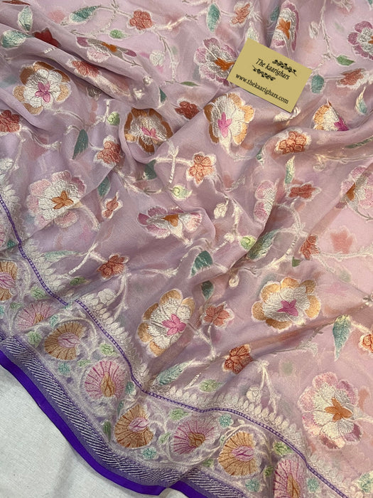 Pink Khaddi Georgette Banarasi Handloom Saree - Handfilled Meenakari