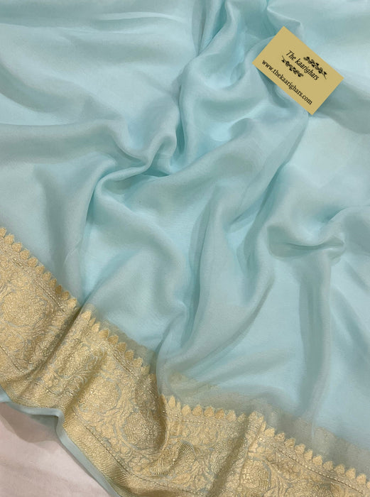 Cloudy Blue Pure Khaddi Georgette Banarasi Saree - Water zari