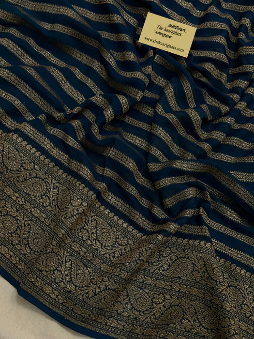 Midnight Khaddi Georgette Banarasi Handloom Saree - Antique Zari