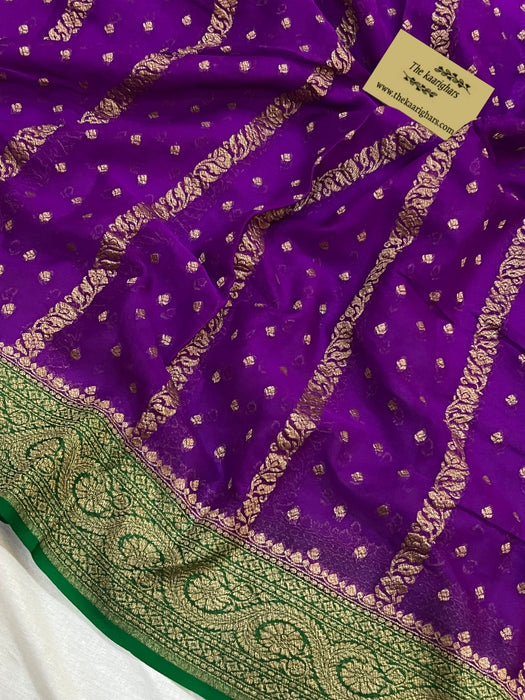 Purple & Green Khaddi Georgette Banarasi Handloom Saree - Antique Zari
