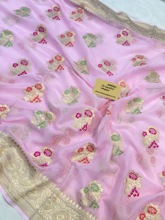 Baby Pink Khaddi Georgette Banarasi Handloom Saree - Meenakari