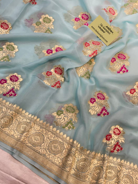 Cloudy Blue Khaddi Georgette Banarasi Handloom Saree - Meenakari