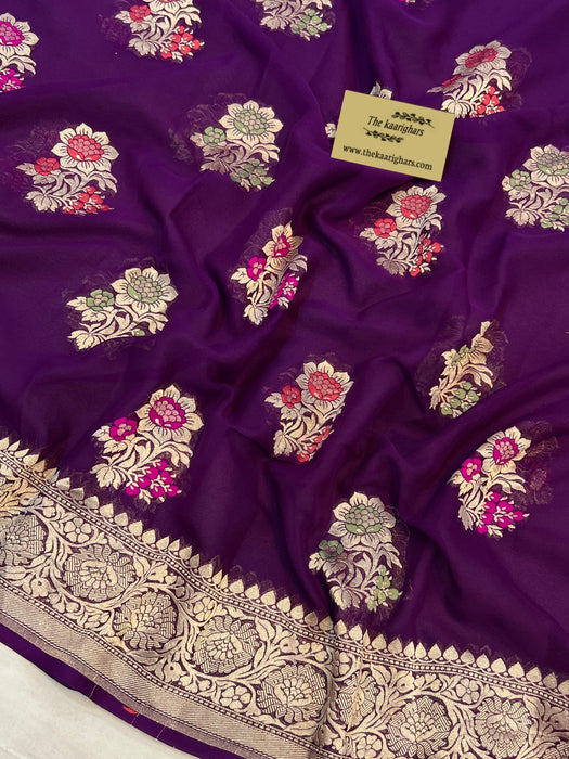 Dirty Purple Khaddi Georgette Banarasi Handloom Saree - Meenakari