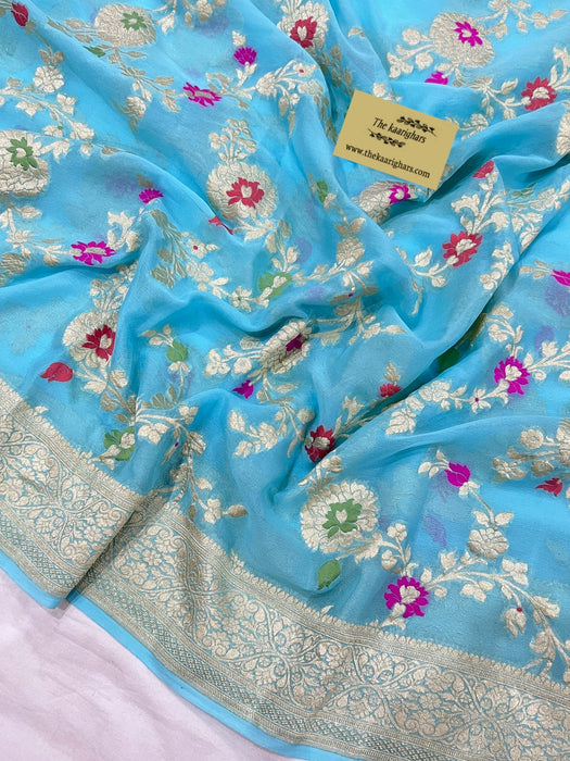 Blue Khaddi Georgette Banarasi Handloom Saree - Meenakari