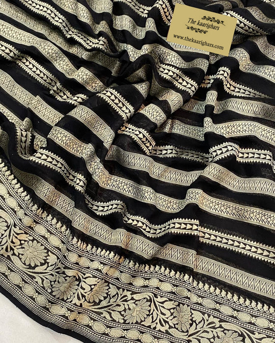 Black Pure Khaddi Georgette Banarasi Saree - Water zari