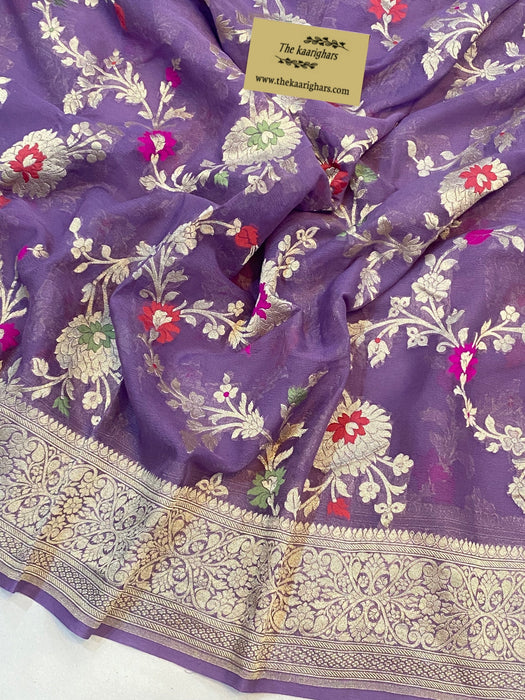 Dark Lavender Khaddi Georgette Banarasi Handloom Saree - Meenakari