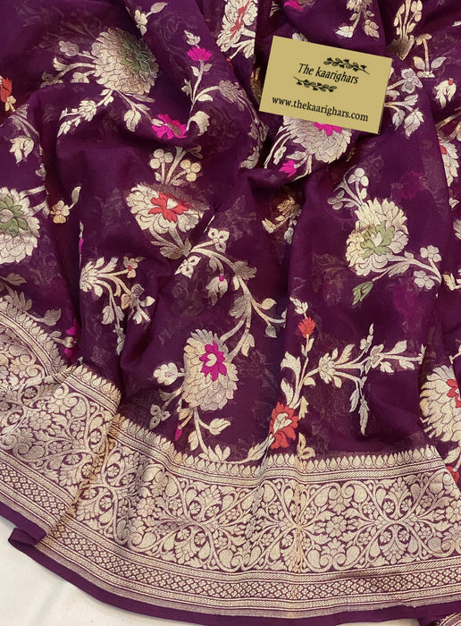 Wine Khaddi Georgette Banarasi Handloom Saree - Meenakari
