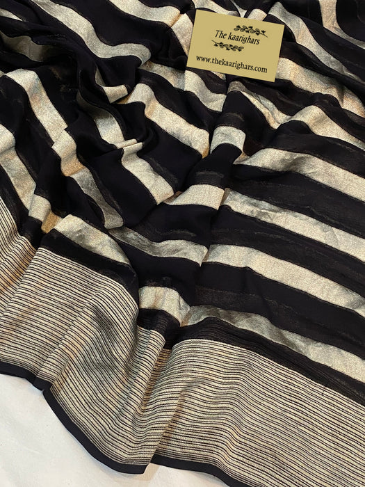 Black Pure Khaddi Georgette Banarasi Saree - Water zari