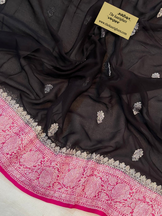 Black & Rani Pure Kadhwa Chiffon Georgette Banarasi Saree - Silver Zari