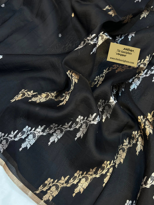 Black Pure Kora Banarasi Handloom Saree - Sona Roopa