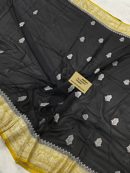 Yellow & Black Pure Kadhwa Chiffon Georgette Banarasi Saree - Silver Zari