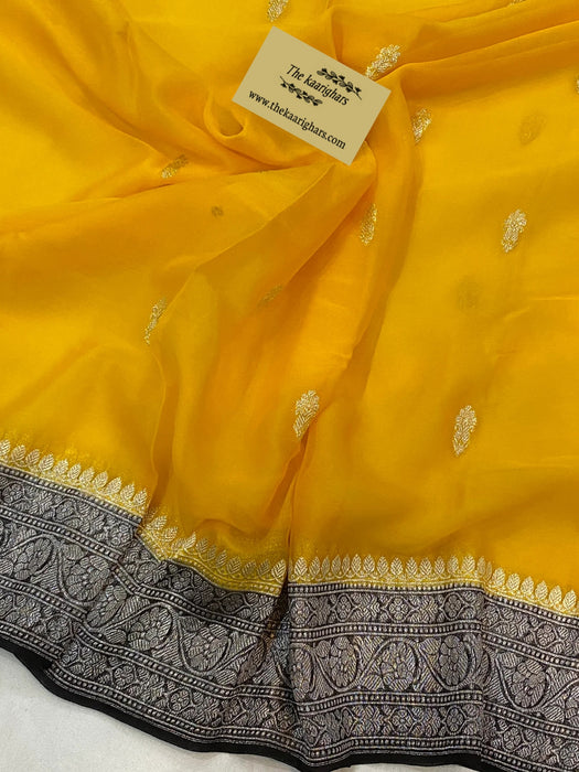 Black & Yellow Pure Kadhwa Chiffon Georgette Banarasi Saree - Silver Zari