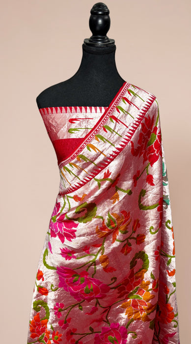 Red Pure Tussar Georgette Banarasi Handloom Saree - Brocade Meenakari
