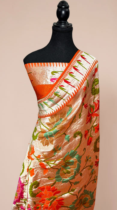 Hot Orange Pure Tussar Georgette Banarasi Handloom Saree - Brocade Meenakari