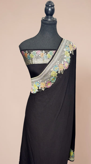 Black Pure Khaddi Georgette Banarasi Saree - Hand Filled Meenakari