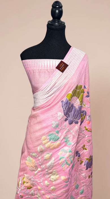 Pastel Pink Pure Tussar Georgette Banarasi Handloom Saree - Meenakari