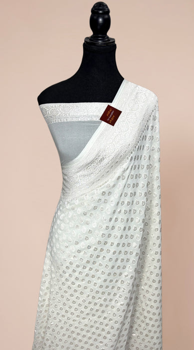White Pure Khaddi Georgette Banarasi Saree - Silver Zari