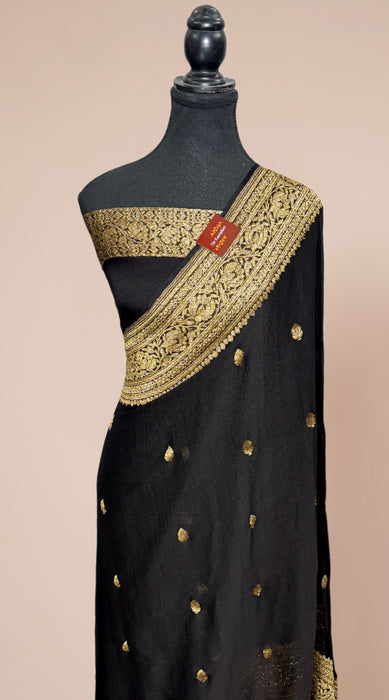 Black Khaddi Georgette Banarasi Handloom Saree - Antique Zari