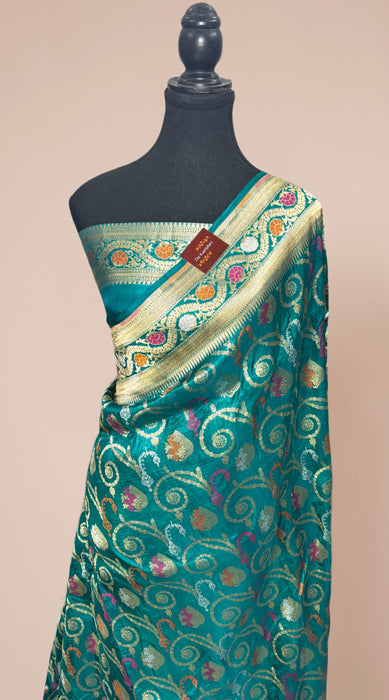 Sea Blue Pure Katan Banarasi Handloom Saree - Meenakari Work