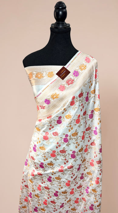 White Pure Katan Banarasi Handloom Saree - Meenakari Work