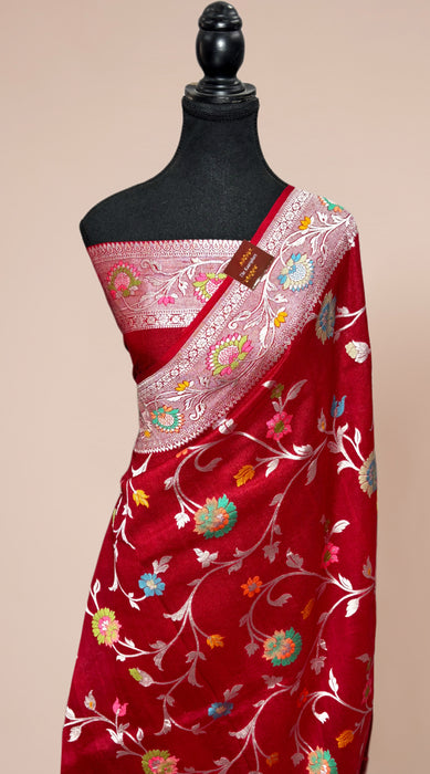 Maroon Pure Tussar Georgette Banarasi Handloom Saree - Meenakari Jaal