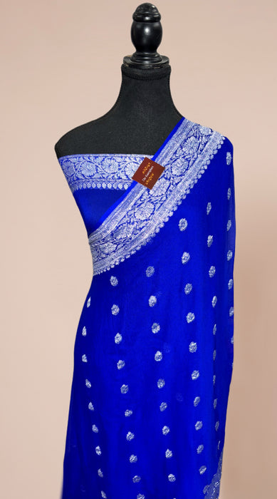 Royal Blue Pure Kadhwa Chiffon Georgette Banarasi Saree - Silver Zari