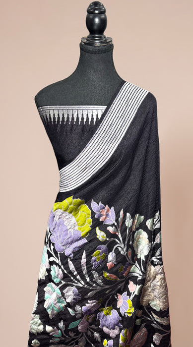 Black Pure Tussar Georgette Banarasi Handloom Saree - Designer Meenakari