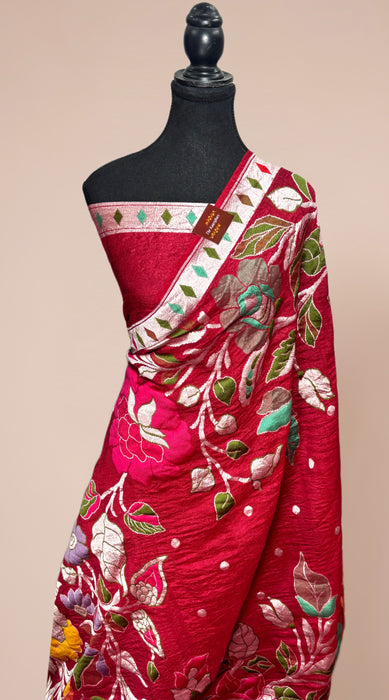 Maroon Pure Tussar Georgette Banarasi Handloom Saree - Designer Meenakari