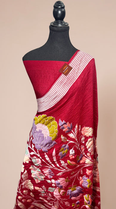 Maroon Pure Tussar Georgette Banarasi Handloom Saree - Designer Meenakari