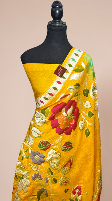 Yellow Pure Tussar Georgette Banarasi Handloom Saree - Designer Meenakari