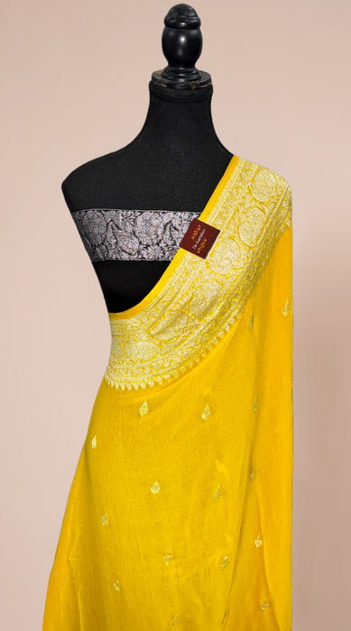 Gold Yellow Pure Kadhwa Chiffon Georgette Banarasi Saree - Silver Zari
