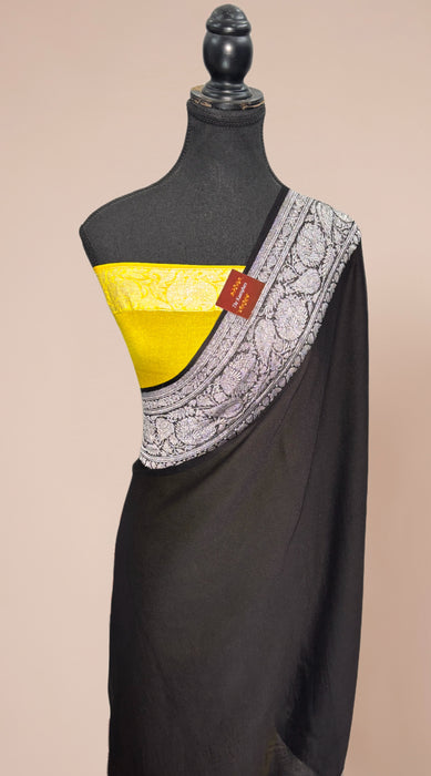 Black & Yellow Pure Kadhwa Chiffon Georgette Banarasi Saree - Silver Zari