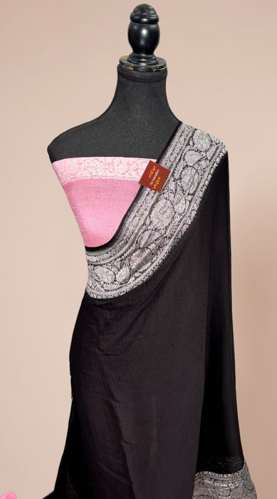 Black Pure Kadhwa Chiffon Georgette Banarasi Saree - Silver Zari