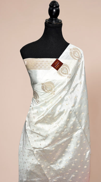 White Pure Raw Mango Katan Banarasi Handloom Saree