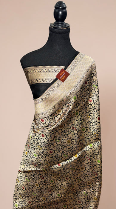 Black Pure Katan Banarasi Handloom Saree - Meenakari brocade Work