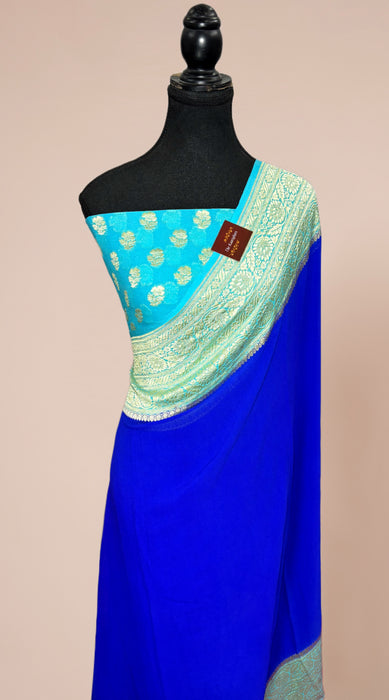 Blue Pure Khaddi Georgette Banarasi Saree - Water zari