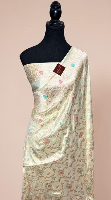 Cream Pure Katan Banarasi Handloom Saree - Meenakari Work