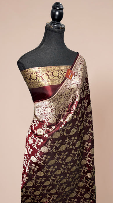 Italian Brown Pure Katan Banarasi Handloom Saree - Jaal work