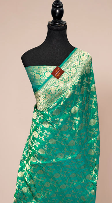 Green Dual Tone Pure Katan Banarasi Handloom Saree - Jaal work
