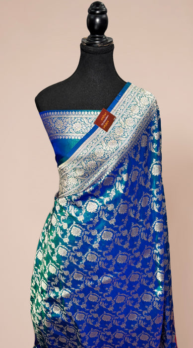 Spanish Blue Pure Katan Banarasi Handloom Saree - Jaal work