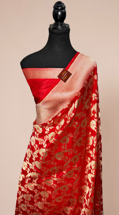 Red Pure Katan Banarasi Handloom Saree - Jaal work
